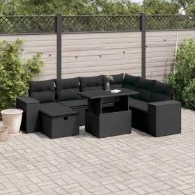    8 részes fekete polyrattan kerti ülőgarnitúra párnákkal