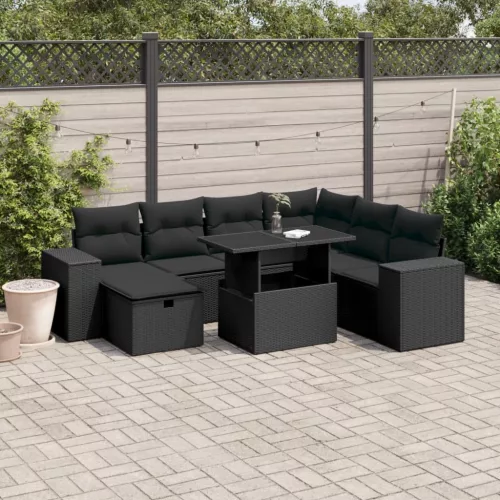  8 részes fekete polyrattan kerti ülőgarnitúra párnákkal