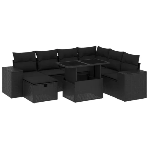  8 részes fekete polyrattan kerti ülőgarnitúra párnákkal
