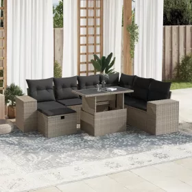    8 részes világosszürke polyrattan kerti ülőgarnitúra párnával