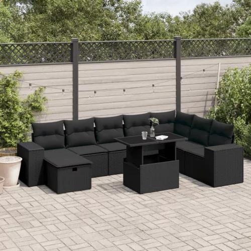  9 részes fekete polyrattan kerti ülőgarnitúra párnákkal