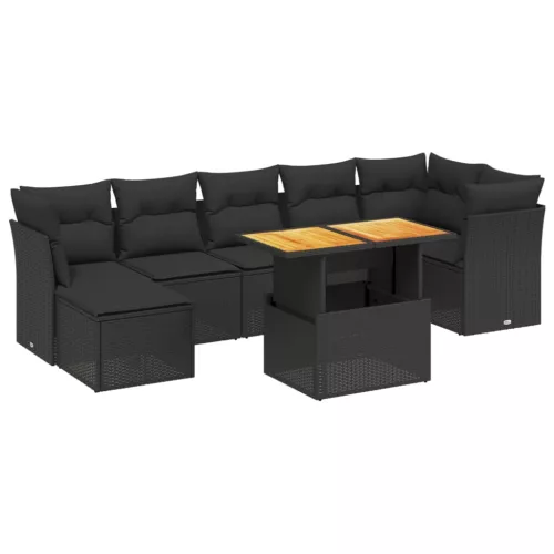  8 részes fekete polyrattan kerti ülőgarnitúra párnákkal