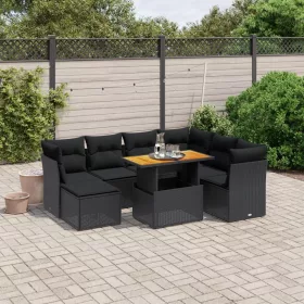   8 részes fekete polyrattan kerti ülőgarnitúra párnákkal