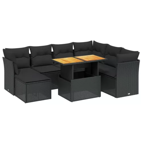  8 részes fekete polyrattan kerti ülőgarnitúra párnákkal