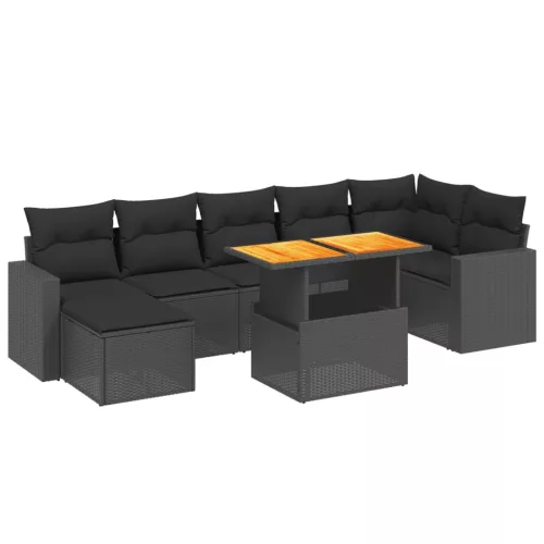  8 részes fekete polyrattan kerti ülőgarnitúra párnákkal