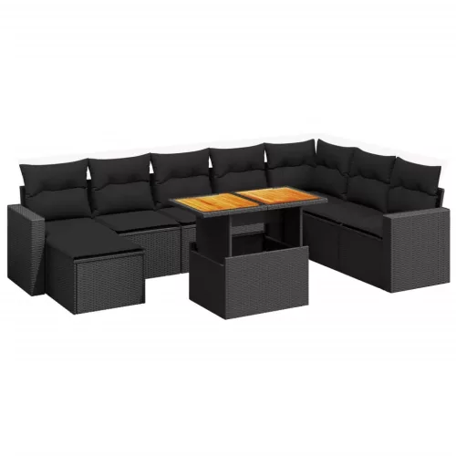  9 részes fekete polyrattan kerti ülőgarnitúra párnákkal