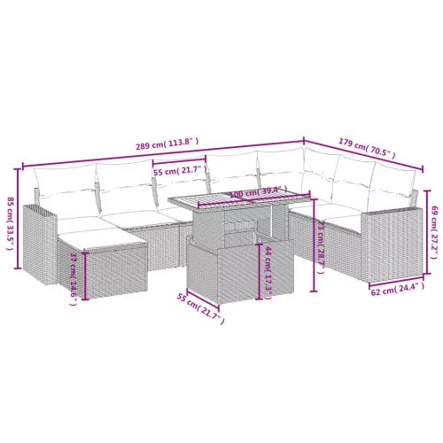  9 részes fekete polyrattan kerti ülőgarnitúra párnákkal