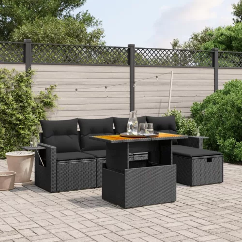  6 részes fekete polyrattan kerti ülőgarnitúra párnákkal