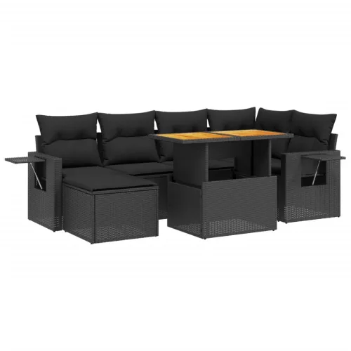  7 részes fekete polyrattan kerti ülőgarnitúra párnával