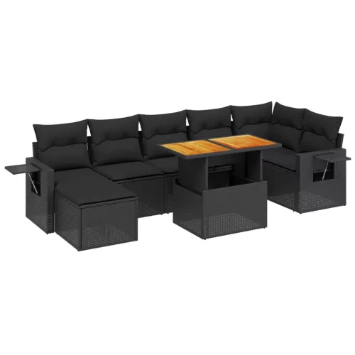  8 részes fekete polyrattan kerti ülőgarnitúra párnákkal