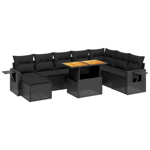  9 részes fekete polyrattan kerti ülőgarnitúra párnákkal
