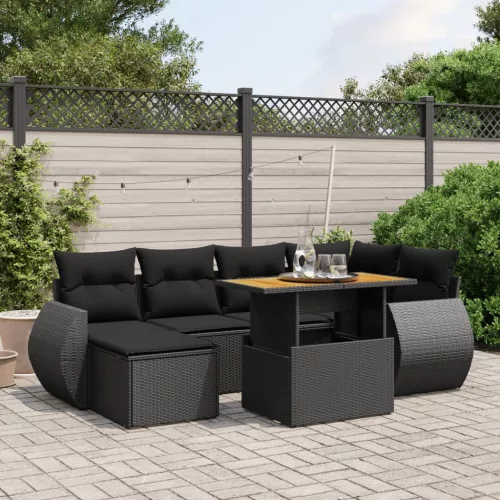  7 részes fekete polyrattan kerti ülőgarnitúra párnával