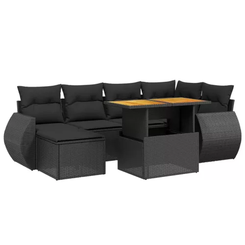  7 részes fekete polyrattan kerti ülőgarnitúra párnával
