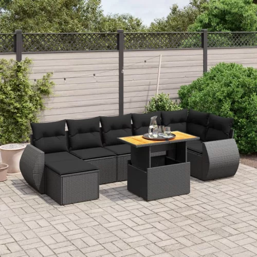  8 részes fekete polyrattan kerti ülőgarnitúra párnákkal
