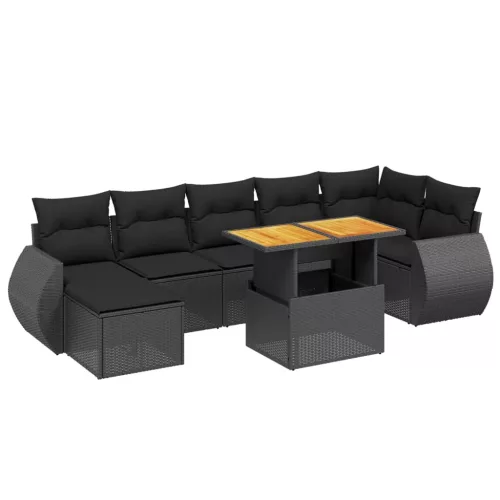  8 részes fekete polyrattan kerti ülőgarnitúra párnákkal