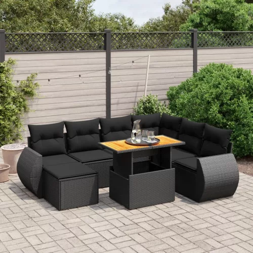  8 részes fekete polyrattan kerti ülőgarnitúra párnákkal