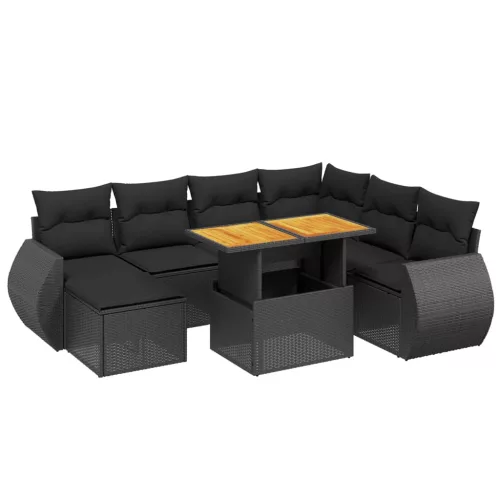  8 részes fekete polyrattan kerti ülőgarnitúra párnákkal