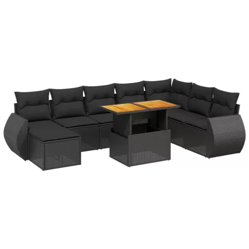 9 részes fekete polyrattan kerti ülőgarnitúra párnákkal