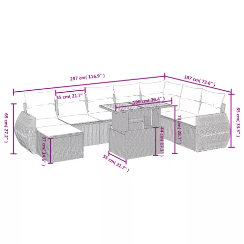  9 részes fekete polyrattan kerti ülőgarnitúra párnákkal
