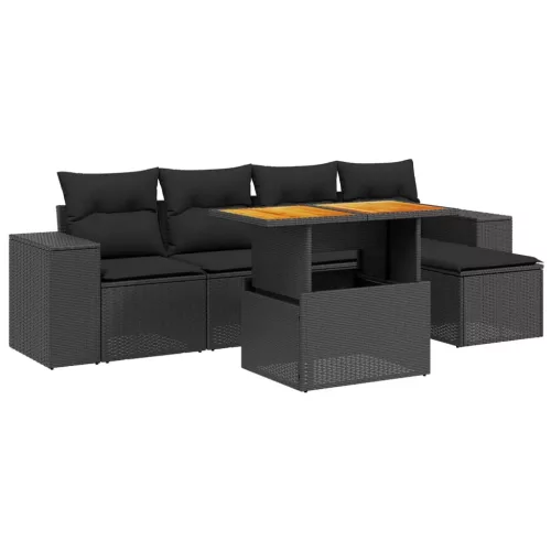  6 részes fekete polyrattan kerti ülőgarnitúra párnákkal