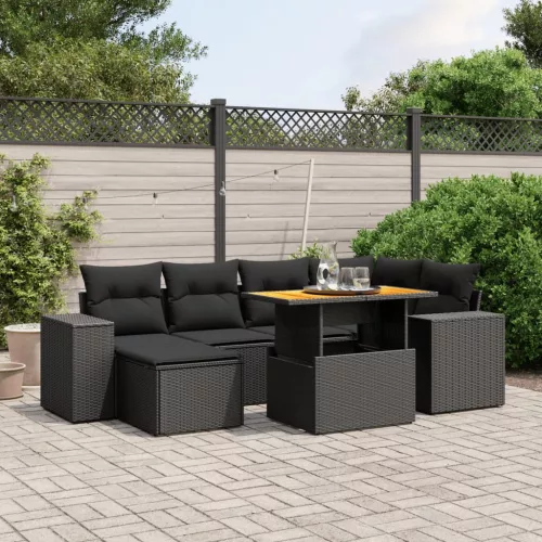  7 részes fekete polyrattan kerti ülőgarnitúra párnával