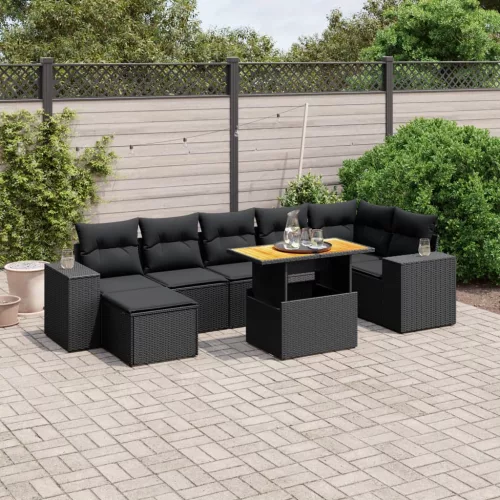  8 részes fekete polyrattan kerti ülőgarnitúra párnákkal