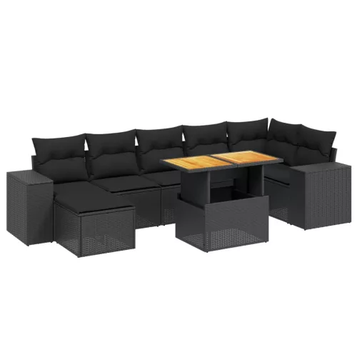  8 részes fekete polyrattan kerti ülőgarnitúra párnákkal