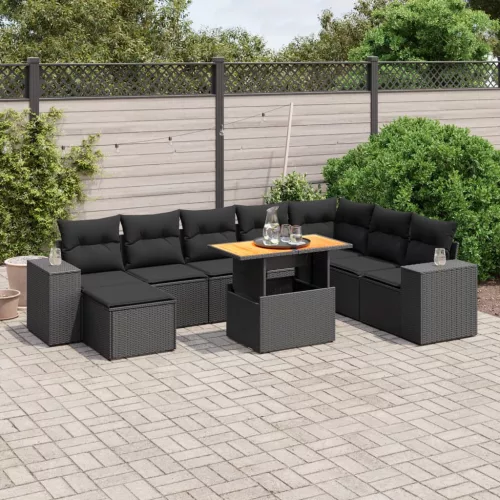  9 részes fekete polyrattan kerti ülőgarnitúra párnákkal