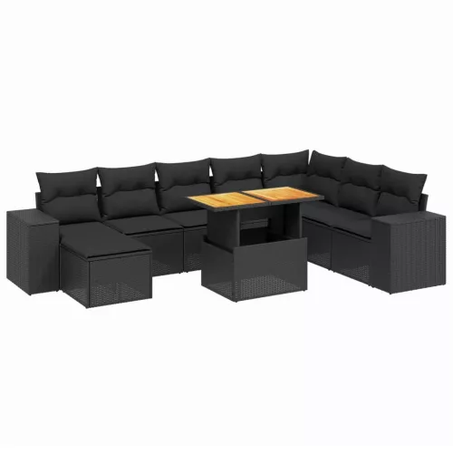  9 részes fekete polyrattan kerti ülőgarnitúra párnákkal