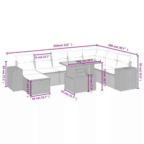  9 részes fekete polyrattan kerti ülőgarnitúra párnákkal