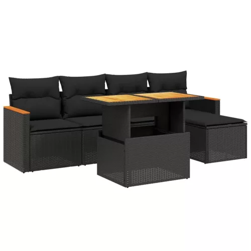  6 részes fekete polyrattan kerti ülőgarnitúra párnákkal
