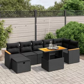   8 részes fekete polyrattan kerti ülőgarnitúra párnákkal