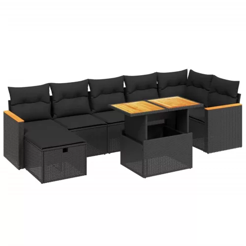  8 részes fekete polyrattan kerti ülőgarnitúra párnákkal