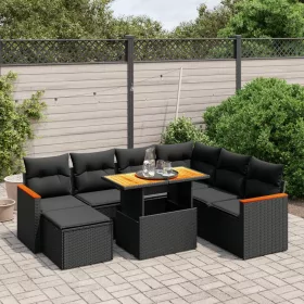    8 részes fekete polyrattan kerti ülőgarnitúra párnákkal