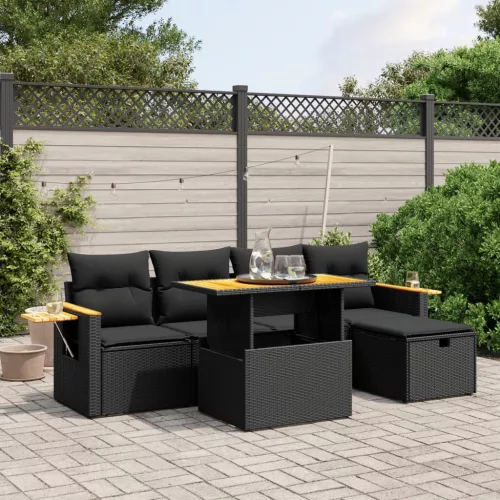  6 részes fekete polyrattan kerti ülőgarnitúra párnákkal
