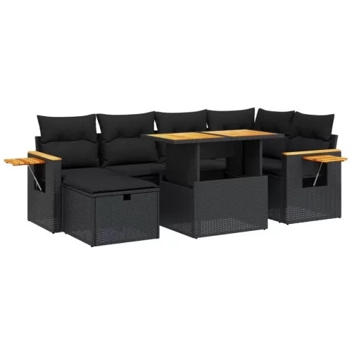  7 részes fekete polyrattan kerti ülőgarnitúra párnával