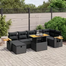   8 részes fekete polyrattan kerti ülőgarnitúra párnákkal