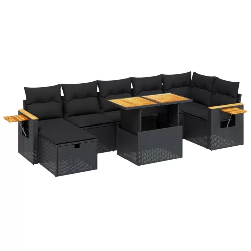  8 részes fekete polyrattan kerti ülőgarnitúra párnákkal
