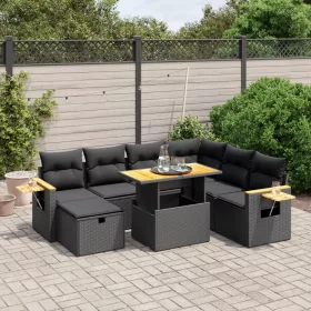    8 részes fekete polyrattan kerti ülőgarnitúra párnákkal