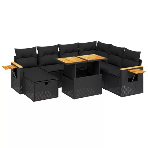  8 részes fekete polyrattan kerti ülőgarnitúra párnákkal