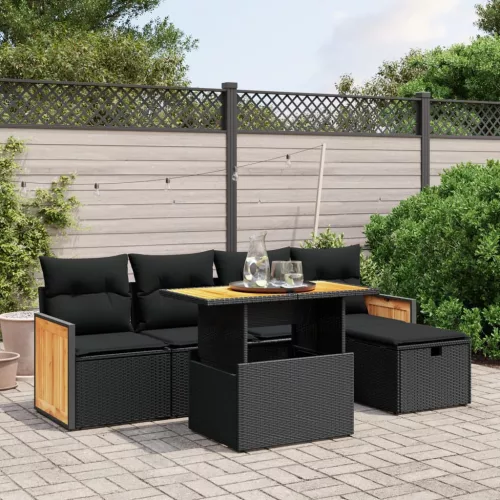 6 részes fekete polyrattan kerti ülőgarnitúra párnákkal