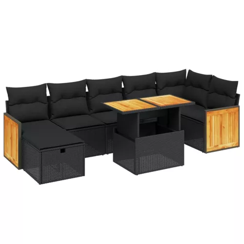  8 részes fekete polyrattan kerti ülőgarnitúra párnákkal