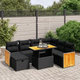    8 részes fekete polyrattan kerti ülőgarnitúra párnákkal