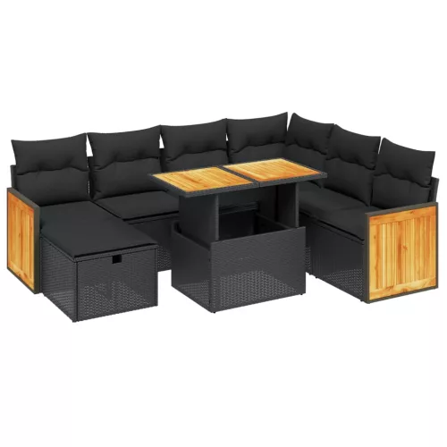  8 részes fekete polyrattan kerti ülőgarnitúra párnákkal