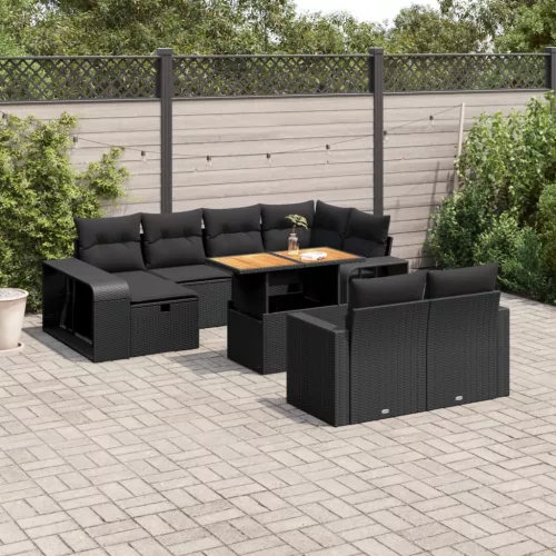  11 részes fekete polyrattan kerti ülőgarnitúra párnákkal
