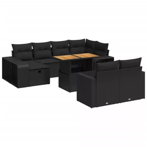  11 részes fekete polyrattan kerti ülőgarnitúra párnákkal