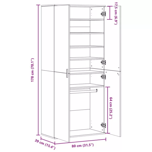  füstös tölgy színű szerelt fa cipőszekrény 80 x 39 x 178 cm