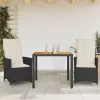  3 részes fekete polyrattan és akácfa bisztrószett párnákkal