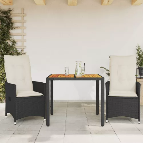  3 részes fekete polyrattan és akácfa bisztrószett párnákkal