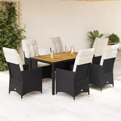  7 részes fekete polyrattan kerti étkezőgarnitúra párnával